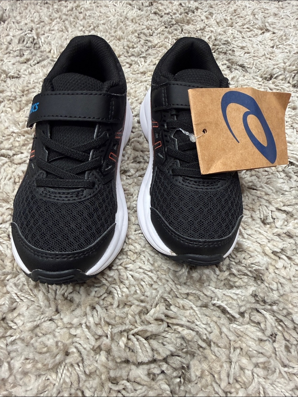 ASICS Kids Black and White Athletic Sneakers with Blue Logo